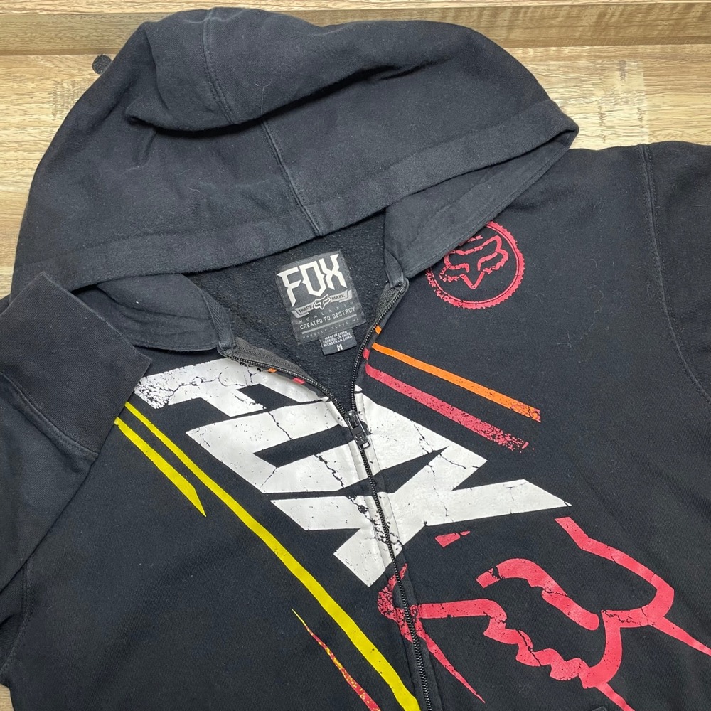Fox Racing Black Full Zip Graphic Hoodie Sweatshirt Distressed Logo Mens Medium